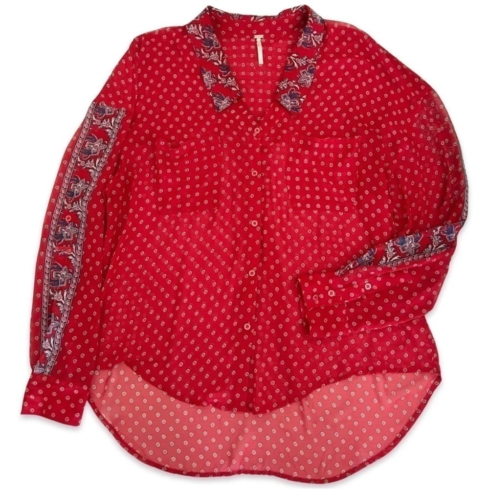 Free people Printed floral Blouse sheer Easy Rider Button-down in Red Combo